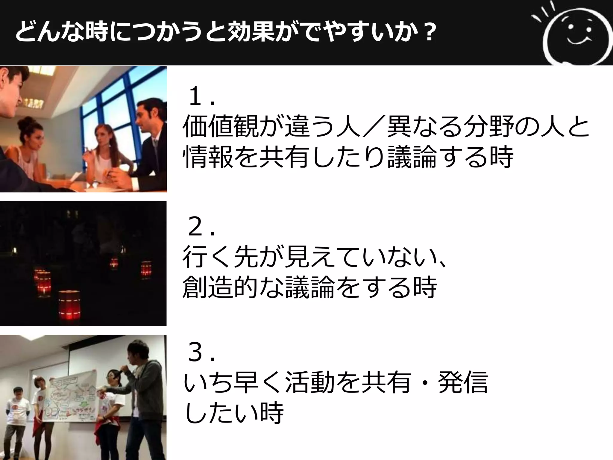 どんな時につかうと効果がでやすいか？
１．
価値観が違う⼈人／異異なる分野の⼈人と
情報を共有したり議論論する時
２．
⾏行行く先が⾒見見えていない、
創造的な議論論をする時
３．
いち早く活動を共有・発信
したい時
 