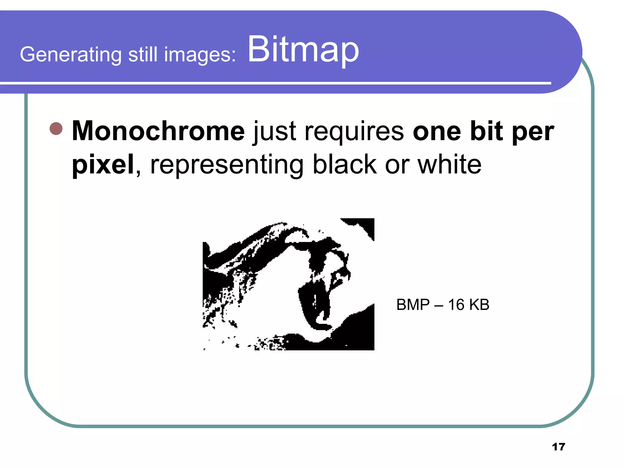 Generating still images:  Bitmap Monochrome  just requires  one bit per pixel , representing black or white BMP – 16 KB  