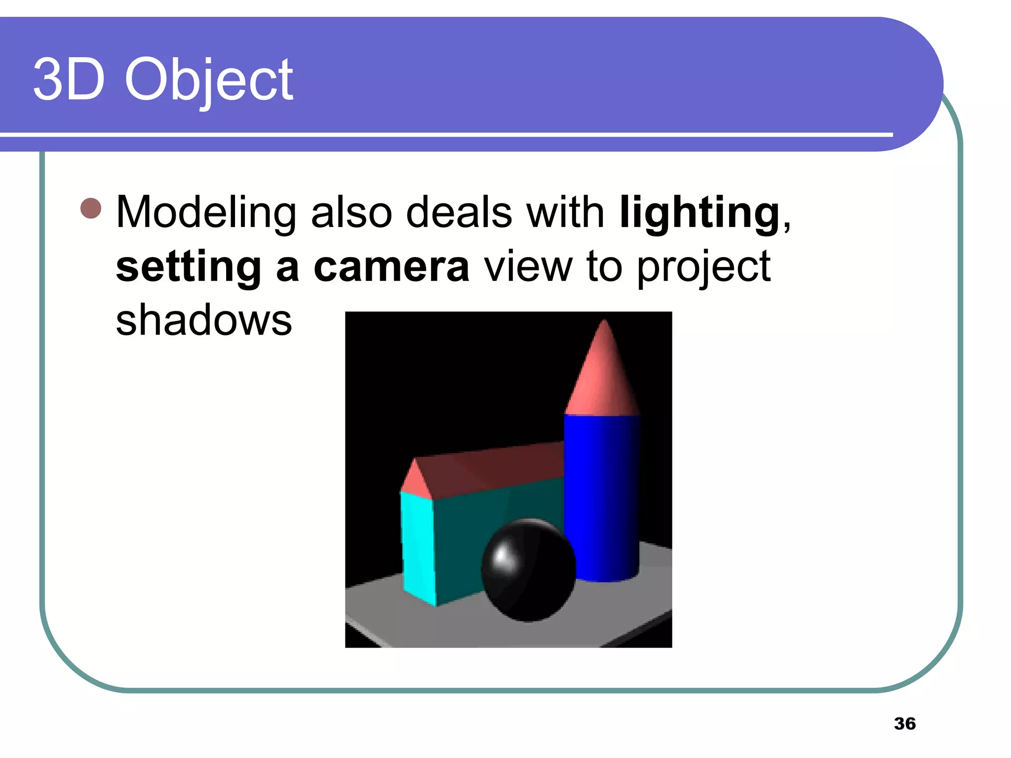 3D Object Modeling also deals with  lighting ,  setting   a camera  view to project shadows 