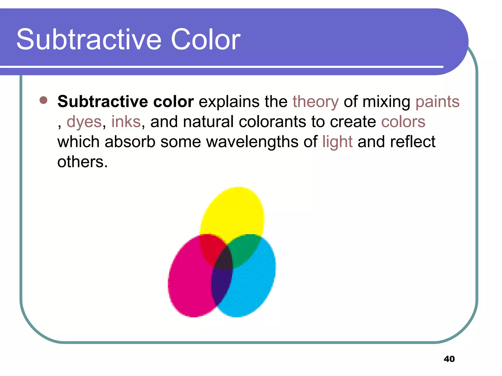Subtractive Color Subtractive color  explains the  theory  of mixing  paints ,  dyes ,  inks , and natural colorants to create  colors  which absorb some wavelengths of  light  and reflect others.  
