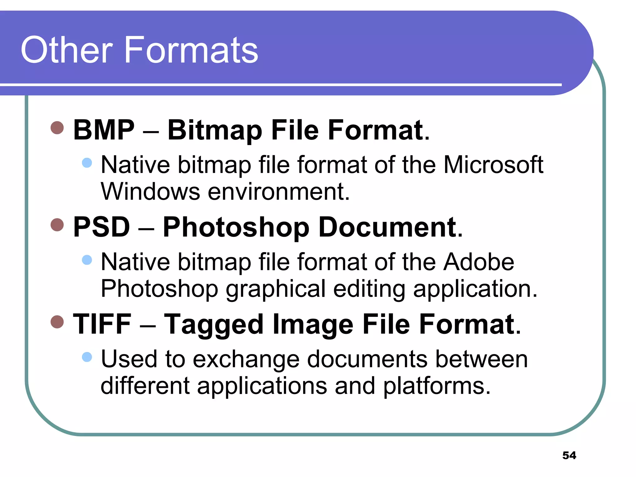 Other Formats BMP  –  Bitmap File Format .  Native bitmap file format of the Microsoft Windows environment. PSD  –  Photoshop Document .  Native bitmap file format of the Adobe Photoshop graphical editing application. TIFF  –  Tagged Image File Format .  Used to exchange documents between different applications and platforms. 