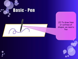 Basic - Pen(2) To draw lines or outlines of shapes, we need a Pen 