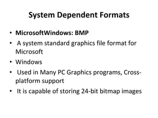 System Dependent Formats MicrosoftWindows: BMP A system standard graphics file format for Microsoft Windows Used in Many PC Graphics programs, Cross-platform support It is capable of storing 24-bit bitmap images 