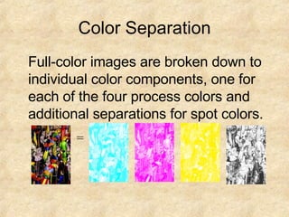 Color Separation Full-color images are broken down to individual color components, one for each of the four process colors and additional separations for spot colors. = 