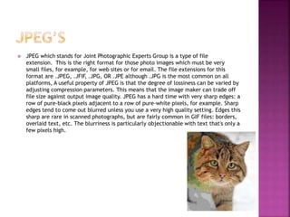  JPEG which stands for Joint Photographic Experts Group is a type of file
extension. This is the right format for those photo images which must be very
small files, for example, for web sites or for email. The file extensions for this
format are .JPEG, .JFIF, .JPG, OR .JPE although .JPG is the most common on all
platforms, A useful property of JPEG is that the degree of lossiness can be varied by
adjusting compression parameters. This means that the image maker can trade off
file size against output image quality. JPEG has a hard time with very sharp edges: a
row of pure-black pixels adjacent to a row of pure-white pixels, for example. Sharp
edges tend to come out blurred unless you use a very high quality setting. Edges this
sharp are rare in scanned photographs, but are fairly common in GIF files: borders,
overlaid text, etc. The blurriness is particularly objectionable with text that's only a
few pixels high.
 