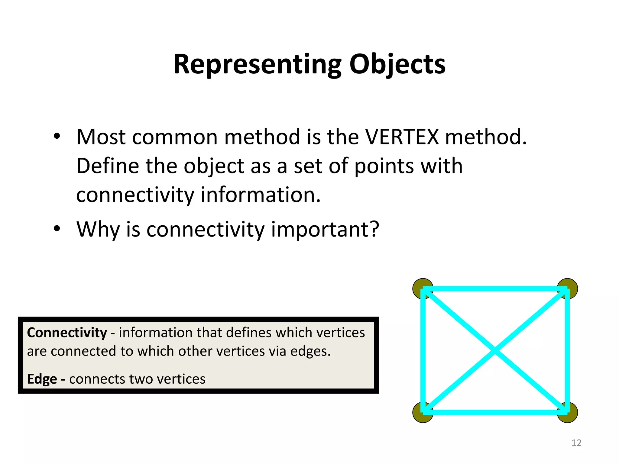 Representing Objects • Most common method is the VERTEX method. Define the object as a set of points with connectivity information. • Why is connectivity important? Connectivity - information that defines which vertices are connected to which other vertices via edges. Edge - connects two vertices 12 