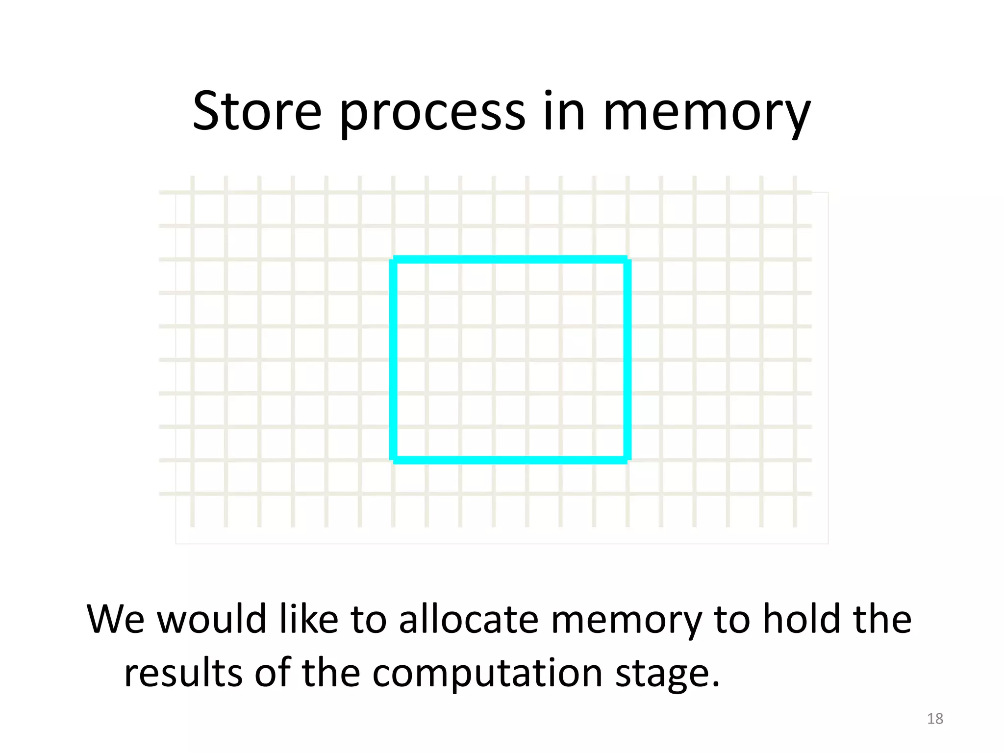 Store process in memory We would like to allocate memory to hold the results of the computation stage. 18 