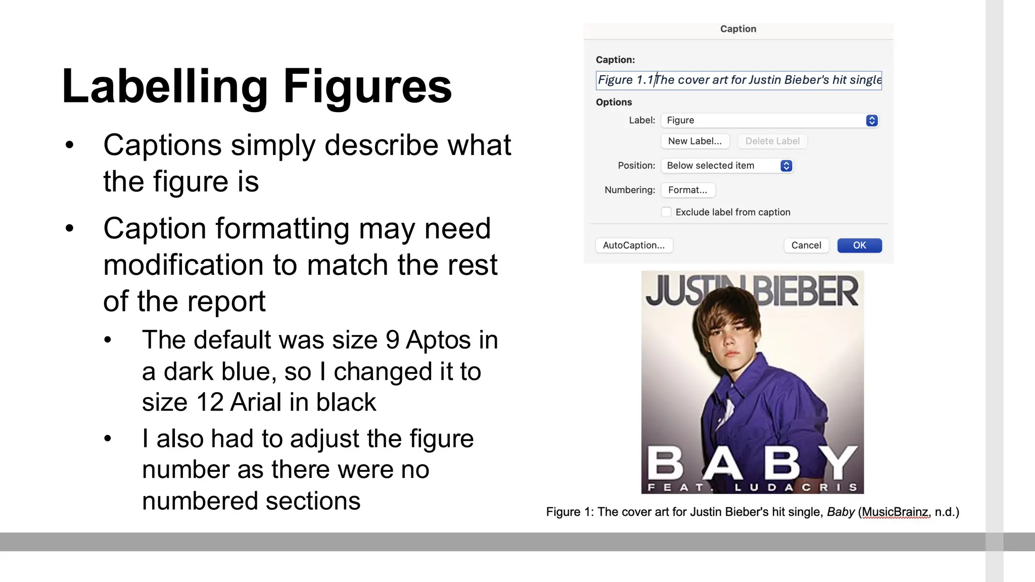 Labelling Figures
• Captions simply describe what
the figure is
• Caption formatting may need
modification to match the rest
of the report
• The default was size 9 Aptos in
a dark blue, so I changed it to
size 12 Arial in black
• I also had to adjust the figure
number as there were no
numbered sections
 