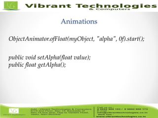 13/82
Animations
ObjectAnimator.ofFloat(myObject, "alpha", 0f).start();
public void setAlpha(float value);
public float getAlpha();
 