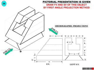Y
X
F.V. LEFT S.V.
20 20
10
15
15
15
30
10
30
50
15
O
PICTORIAL PRESENTATION IS GIVEN
DRAW FV AND SV OF THIS OBJECT
BY FIRST ANGLE PROJECTION METHOD
26
ORTHOGRAPHIC PROJECTIONS
 