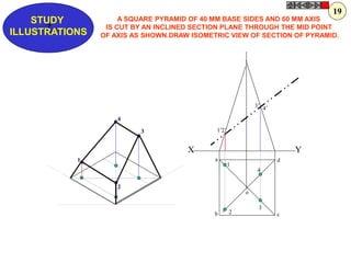 a
b c
d
1
2
3
4
o
1’
4’
3’
2’
1
2
4
3
X Y
Z
STUDY
ILLUSTRATIONS
A SQUARE PYRAMID OF 40 MM BASE SIDES AND 60 MM AXIS
IS CUT BY AN INCLINED SECTION PLANE THROUGH THE MID POINT
OF AXIS AS SHOWN.DRAW ISOMETRIC VIEW OF SECTION OF PYRAMID.
19
 