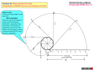 INVOLUTE OFA CIRCLE
String length MORE than D
1 2 3 4 5 6 7 8
P
1
2
3
4
5
6
7
8
P3
P4
4 to p
P5
P7
P6
P2
P1
165 mm
(more than D)
D
p8
Solution Steps:
In this case string length is more
than  D.
But remember!
Whatever may be the length of
string, mark  D distance
horizontal i.e.along the string
and divide it in 8 number of
equal parts, and not any other
distance. Rest all steps are same
as previous INVOLUTE. Draw
the curve completely.
Problem 18: Draw Involute of a circle.
String length is MORE than the circumference of circle.
 