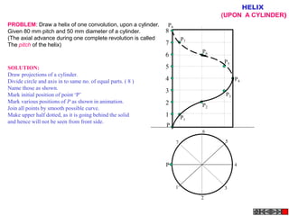1
2
3
4
5
6
7
8
P
P1
P
P2
P3
P4
P5
P6
P7
P8
1
2
3
4
5
6
7
HELIX
(UPON A CYLINDER)
PROBLEM: Draw a helix of one convolution, upon a cylinder.
Given 80 mm pitch and 50 mm diameter of a cylinder.
(The axial advance during one complete revolution is called
The pitch of the helix)
SOLUTION:
Draw projections of a cylinder.
Divide circle and axis in to same no. of equal parts. ( 8 )
Name those as shown.
Mark initial position of point ‘P’
Mark various positions of P as shown in animation.
Join all points by smooth possible curve.
Make upper half dotted, as it is going behind the solid
and hence will not be seen from front side.
 