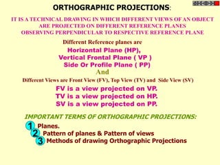 ORTHOGRAPHIC PROJECTIONS:
Horizontal Plane (HP),
Vertical Frontal Plane ( VP )
Side Or Profile Plane ( PP)
Planes.
Pattern of planes & Pattern of views
Methods of drawing Orthographic Projections
Different Reference planes are
FV is a view projected on VP.
TV is a view projected on HP.
SV is a view projected on PP.
And
Different Views are Front View (FV), Top View (TV) and Side View (SV)
IMPORTANT TERMS OF ORTHOGRAPHIC PROJECTIONS:
IT IS A TECHNICAL DRAWING IN WHICH DIFFERENT VIEWS OF AN OBJECT
ARE PROJECTED ON DIFFERENT REFERENCE PLANES
OBSERVING PERPENDICULAR TO RESPECTIVE REFERENCE PLANE
1
2
3
 