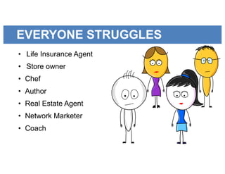 EVERYONE STRUGGLES
• Life Insurance Agent
• Store owner
• Chef
• Author
• Real Estate Agent
• Network Marketer
• Coach
 