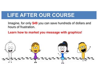 LIFE AFTER OUR COURSE
Imagine, for only $49 you can save hundreds of dollars and
hours of frustration.
Learn how to market you message with graphics!
 