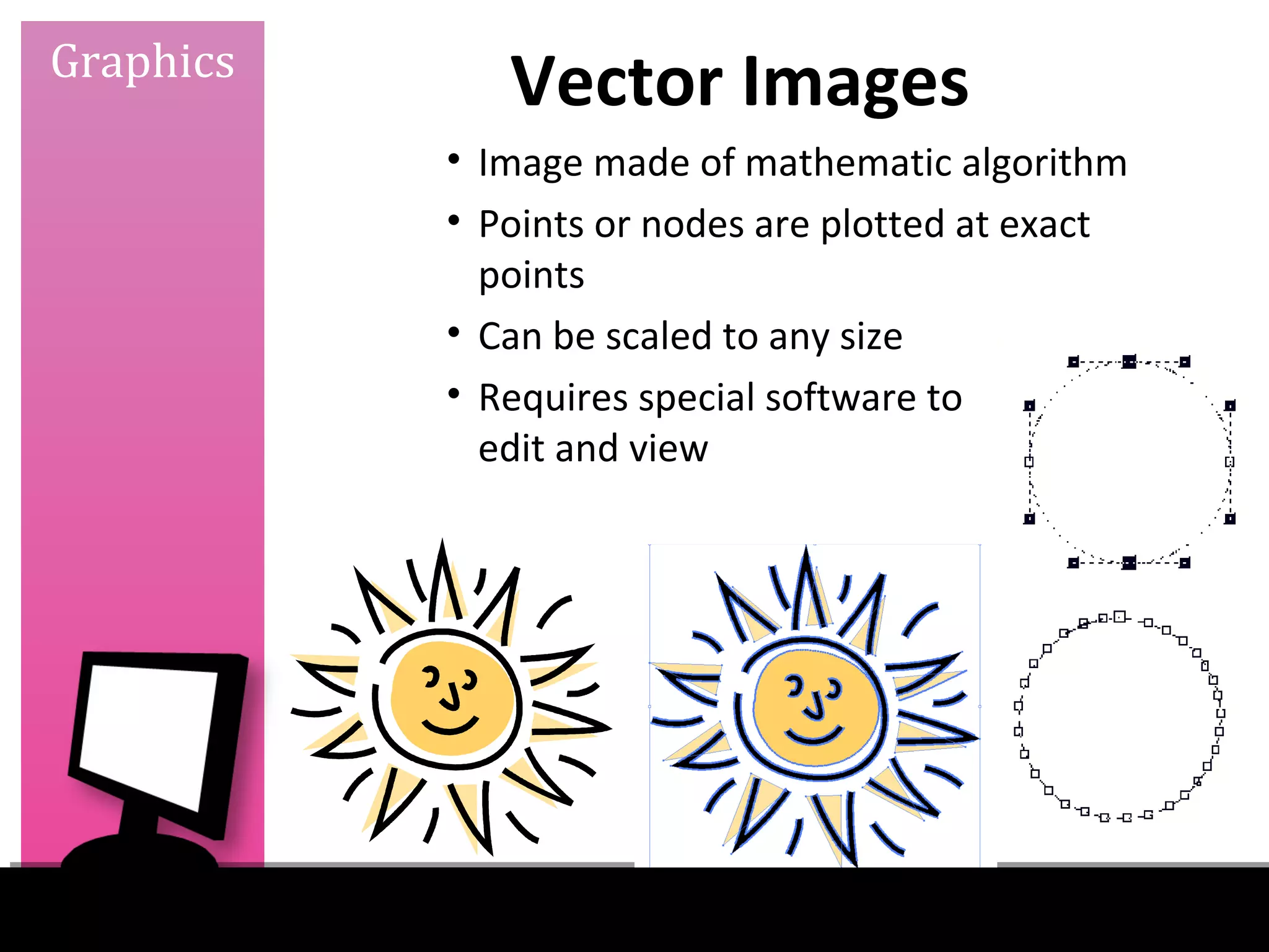 Graphics
              Vector Images
           • Image made of mathematic algorithm
           • Points or nodes are plotted at exact
             points
           • Can be scaled to any size
           • Requires special software to
             edit and view
 