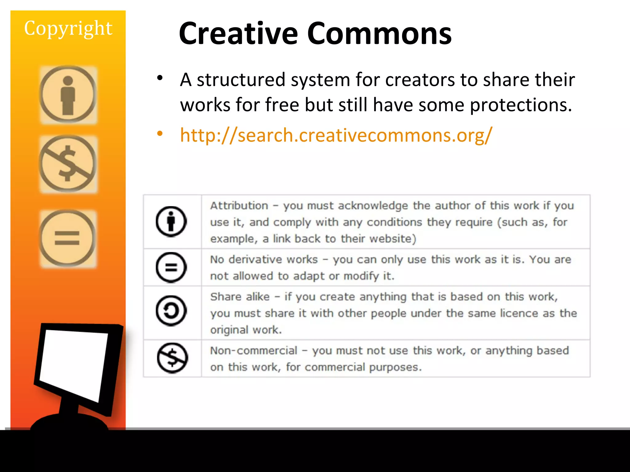 Copyright     Creative Commons
            • A structured system for creators to share their
              works for free but still have some protections.
            • http://search.creativecommons.org/
 