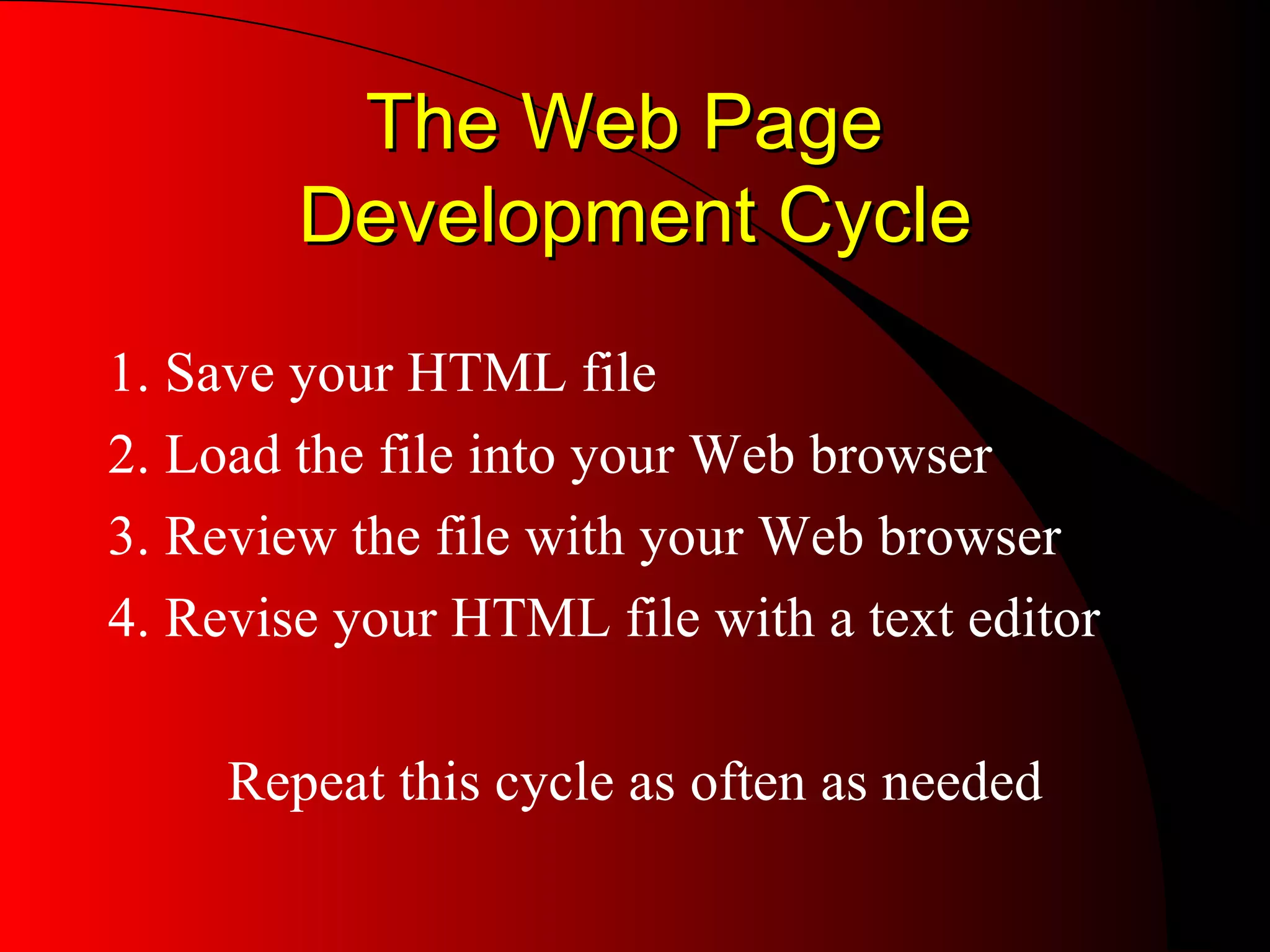 The Web Page  Development Cycle 1. Save your HTML file 2. Load the file into your Web browser 3. Review the file with your Web browser 4. Revise your HTML file with a text editor Repeat this cycle as often as needed 