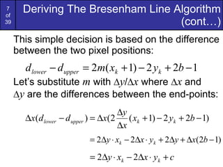 This simple decision is based on the difference between the two pixel positions: Let’s substitute  m  with  ∆ y /∆ x  where ∆ x  and   ∆ y  are the differences between the end-points: Deriving The Bresenham Line Algorithm (cont…) 