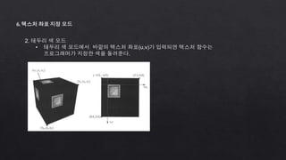 6. 텍스처 좌표 지정 모드
2. 테두리 색 모드
• 테두리 색 모드에서 바깥의 텍스처 좌표(u,v)가 입력되면 텍스처 함수는
프로그래머가 지정한 색을 돌려준다.
 