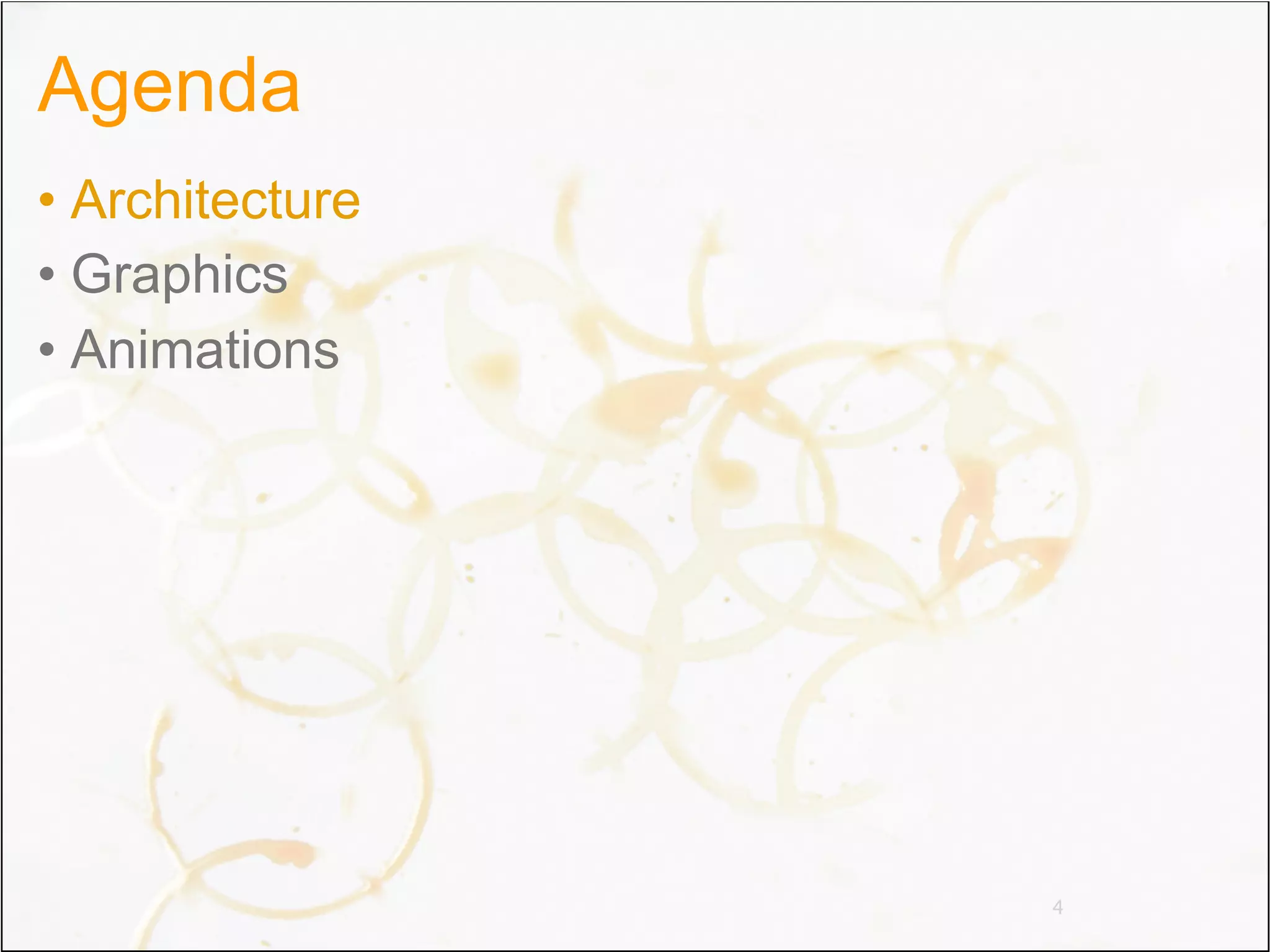 Agenda
• Architecture
• Graphics
• Animations




                 4
 