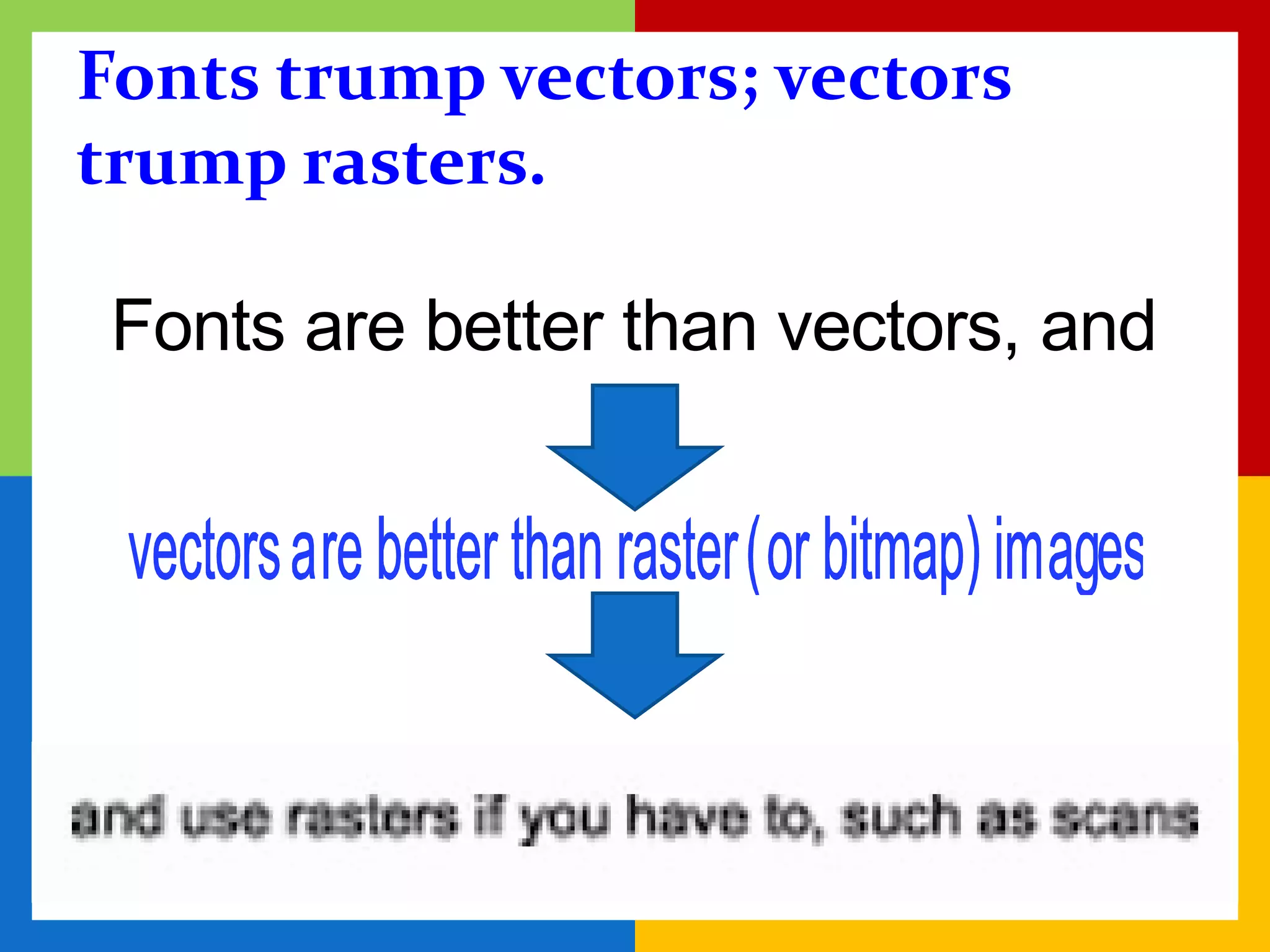 Fonts trump vectors; vectors
trump rasters.

 Fonts are better than vectors, and
 