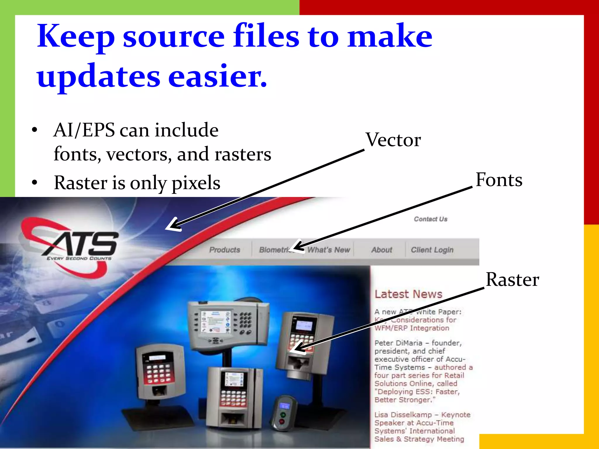 Keep source files to make
updates easier.
• AI/EPS can include            Vector
  fonts, vectors, and rasters
• Raster is only pixels                  Fonts




                                          Raster
 