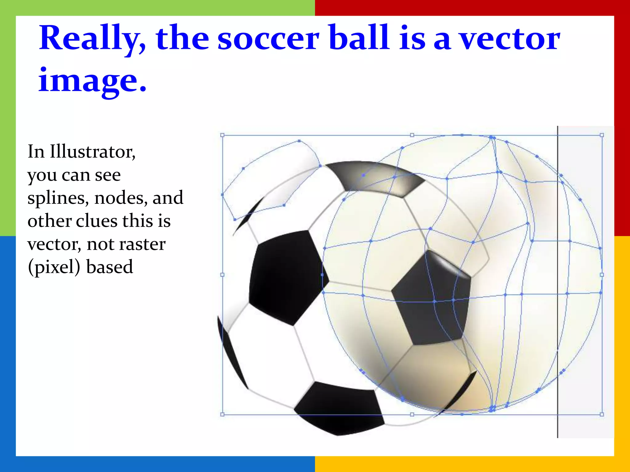 Really, the soccer ball is a vector
 image.
In Illustrator,
you can see
splines, nodes, and
other clues this is
vector, not raster
(pixel) based
 