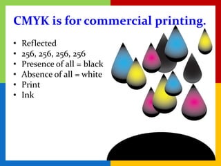 CMYK is for commercial printing.
•   Reflected
•   256, 256, 256, 256
•   Presence of all = black
•   Absence of all = white
•   Print
•   Ink
 
