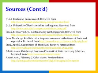 Sources (Cont’d)
(n.d.). Prudential business card. Retrieved from
     http://www.betterdealadvertising.com/prudential.html
(n.d.). University of New Hampshire parking map. Retrieved from
     http://www.unh.edu/transportation/visitor/map.pdf
(2009, February 21). 3D Golden money symbol graphics. Retrieved from
     http://dragonartz.wordpress.com/category/main/symbols-main/
(2011, March 23). Rabbinic miracles prove to us even in the forms of fruits and
     vegetables. Retrieved from http://www.dewan.co.il/news-16,N-2563.html
(2012, April 1). Department of Homeland Security. Retrieved from
     http://www.dhs.gov/xabout/structure/editorial_0644.shtm
Admin. (2010, October 4). Southern Connecticut State University Athletics.
     Retrieved from http://www.southernowls.com/
Andrei. (2011, February 1). Color spaces. Retrieved from
     http://photographystepbystep.com/digital-imaging/color-spaces
 