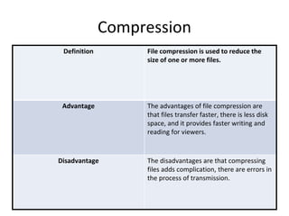 Compression
Definition File compression is used to reduce the
size of one or more files.
Advantage The advantages of file compression are
that files transfer faster, there is less disk
space, and it provides faster writing and
reading for viewers.
Disadvantage The disadvantages are that compressing
files adds complication, there are errors in
the process of transmission.
 