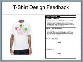 T-Shirt Design Feedback
I think the graphics are really fitting for you game and I like
how all the aliens are looking in the same direction.
I think there needs to be something on the front to make it
relatable to alien blast. Also consider chainng the colour of
the shirt to black for the space theme
The layout is good and the red alien hiding behind the
planet looks really good. I think if you were going to put a
title in, you should position it above the aliens and planet
and move them all down a bit.
N/A
N/A
 