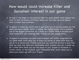 How would could increase Killer and
Socialiser interest in our game
As seen in the graph on the previous slide the game doesn’t really appeal very
much to both socialisers and killers, below are two ways we could appeal
more to killers and socialisers:
To appeal to killers we would have to get some sort of scoring system into the
game and have a leader board to display the highest scores, this is probably
one of the biggest attractions for a killer as it allows them to become much
more competitive and challenge their friends and also people online.
To appeal to socialisers we could have Facebook and Twitter integrated into
our game which could allow you to share you scores or share what level you
got up to so maybe your friends could give you some tips on how to pass that
level, we could also have rare collectables which possibly give you a power up
for a little while which you can also share to your friends on Facebook or
Twitter, similar to the Facebook game “Bejeweled Blitz” which allows you to
share your power ups with your friends.
Tuesday, 24 June 2014
 