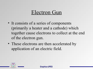 Electron Gun
• It consists of a series of components
(primarily a heater and a cathode) which
together cause electrons to collect at the end
of the electron gun.
• These electrons are then accelerated by
application of an electric field.
Graphics-UPES
 
