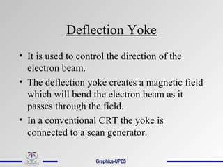 Deflection Yoke
• It is used to control the direction of the
electron beam.
• The deflection yoke creates a magnetic field
which will bend the electron beam as it
passes through the field.
• In a conventional CRT the yoke is
connected to a scan generator.
Graphics-UPES
 