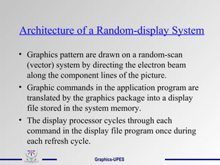 Architecture of a Random-display System
• Graphics pattern are drawn on a random-scan
(vector) system by directing the electron beam
along the component lines of the picture.
• Graphic commands in the application program are
translated by the graphics package into a display
file stored in the system memory.
• The display processor cycles through each
command in the display file program once during
each refresh cycle.
Graphics-UPES
 