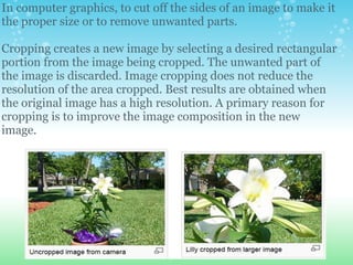 In computer graphics, to cut off the sides of an image to make it
the proper size or to remove unwanted parts.

Cropping creates a new image by selecting a desired rectangular
portion from the image being cropped. The unwanted part of
the image is discarded. Image cropping does not reduce the
resolution of the area cropped. Best results are obtained when
the original image has a high resolution. A primary reason for
cropping is to improve the image composition in the new
image.
 