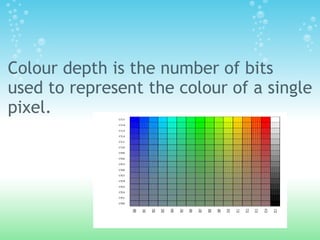 Colour depth is the number of bits
used to represent the colour of a single
pixel.
 