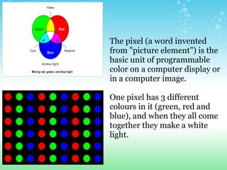 The pixel (a word invented
from "picture element") is the
basic unit of programmable
color on a computer display or
in a computer image.

One pixel has 3 different
colours in it (green, red and
blue), and when they all come
together they make a white
light.
 