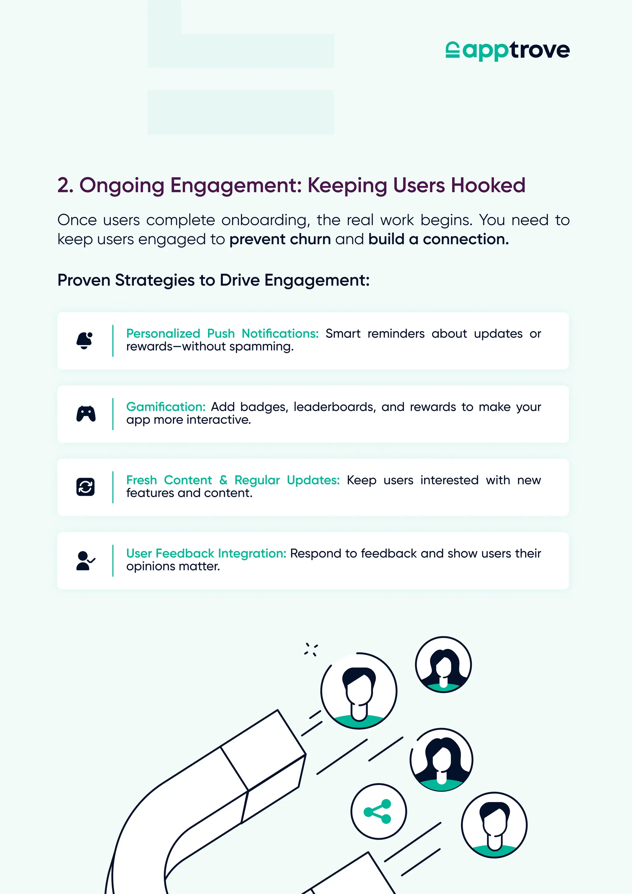 Once users complete onboarding, the real work begins. You need to
keep users engaged to prevent churn and build a connection.
2. Ongoing Engagement: Keeping Users Hooked
Proven Strategies to Drive Engagement:
Personalized Push Notifications: Smart reminders about updates or
rewards—without spamming.
Gamification: Add badges, leaderboards, and rewards to make your
app more interactive.
Fresh Content & Regular Updates: Keep users interested with new
features and content.
User Feedback Integration: Respond to feedback and show users their
opinions matter.
 