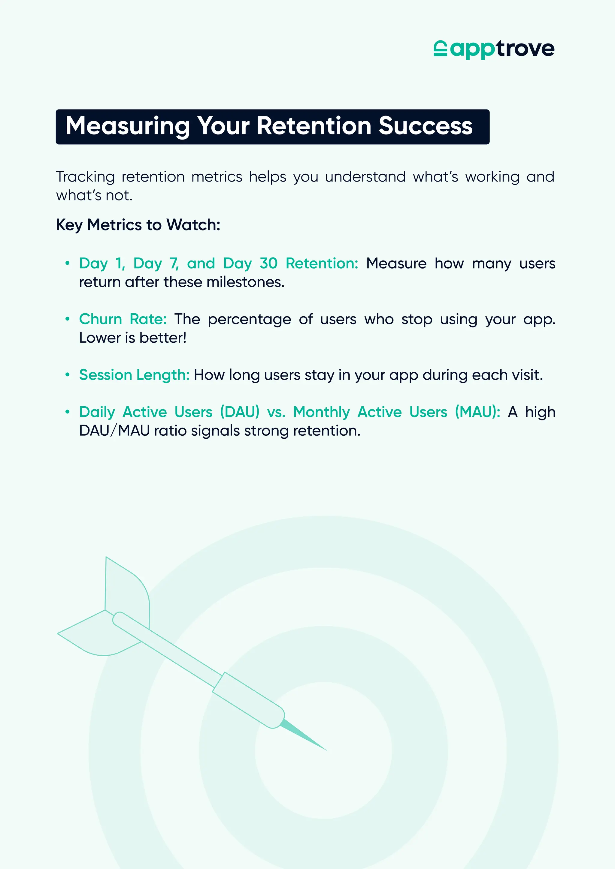 Tracking retention metrics helps you understand what’s working and
what’s not.
Measuring Y
our Retention Success
Key Metrics to Watch:
Day 1, Day 7
, and Day 30 Retention:
Churn Rate:
Session Length:
Daily Active Users (DAU) vs. Monthly Active Users (MAU):
Measure how many users
return after these milestones
The percentage of users who stop using your app.
Lower is better
How long users stay in your app during each visit
A high
DAU/MAU ratio signals strong retention.
 