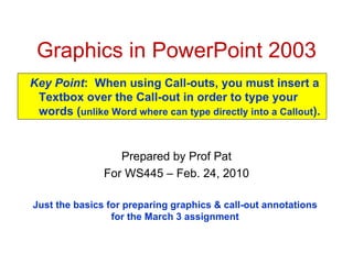 Graphics in PowerPoint 2003 Prepared by Prof Pat For WS445 – Feb. 24, 2010 Just the basics for preparing graphics & call-out annotations for the March 3 assignment Key Point :  When using Call-outs, you must insert a Textbox over the Call-out in order to type your words ( unlike Word where can type directly into a Callout ). 