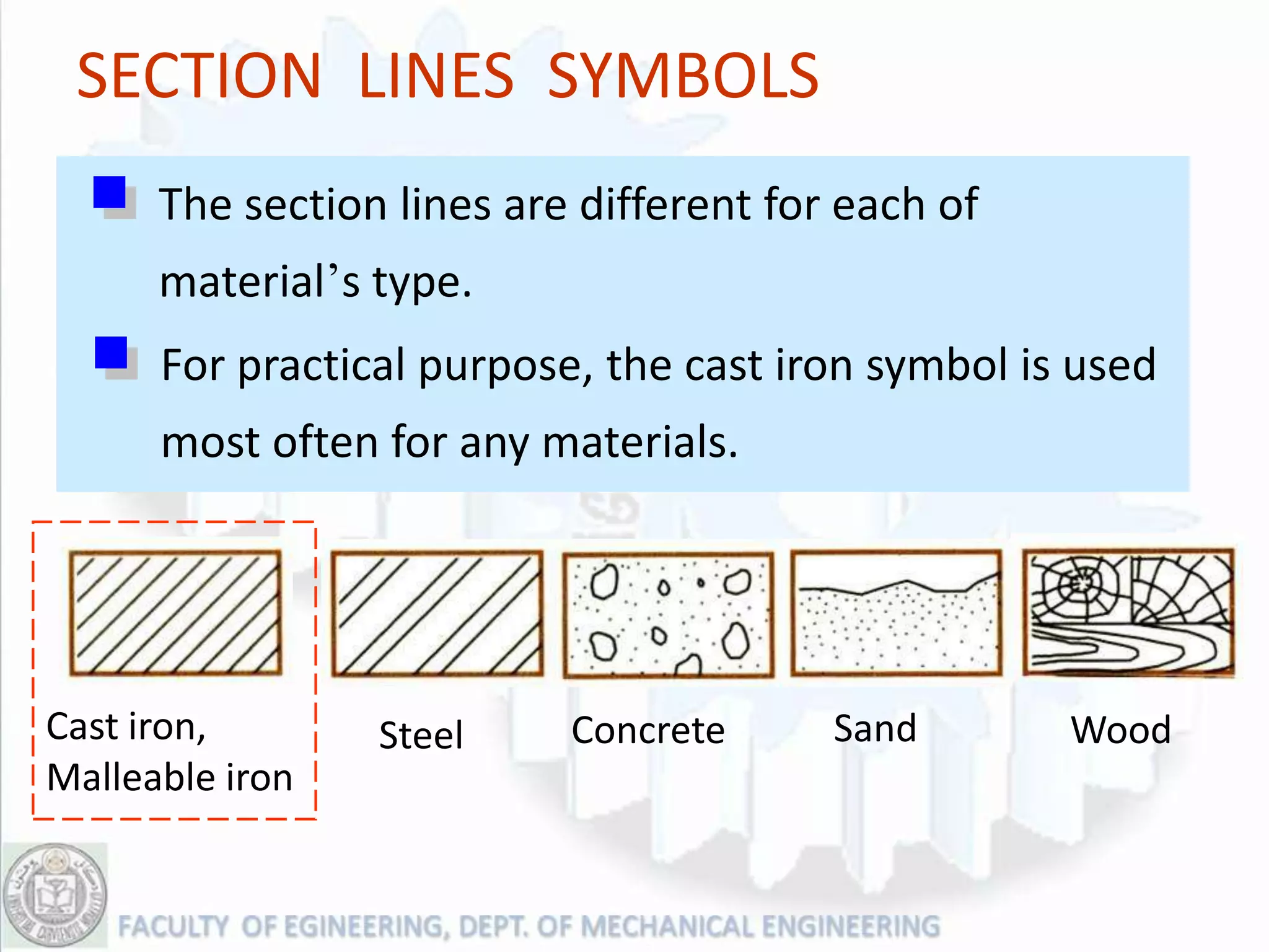 SECTION LINES SYMBOLS
      The section lines are different for each of
      material’s type.
      For practical purpose, the cast iron symbol is used
      most often for any materials.




Cast iron,       Steel     Concrete      Sand       Wood
Malleable iron
 