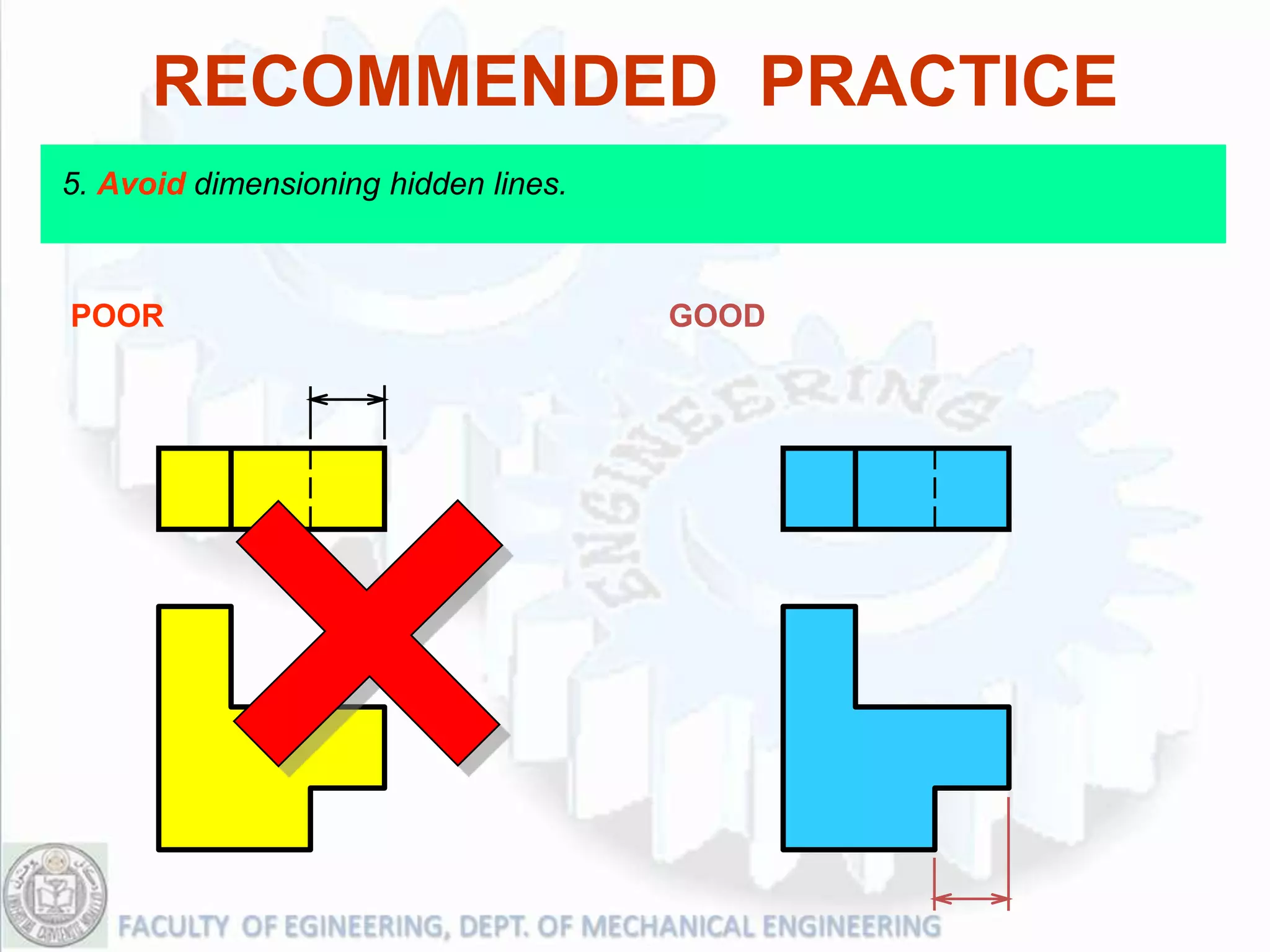 RECOMMENDED PRACTICE
5. Avoid dimensioning hidden lines.



POOR                                  GOOD
 