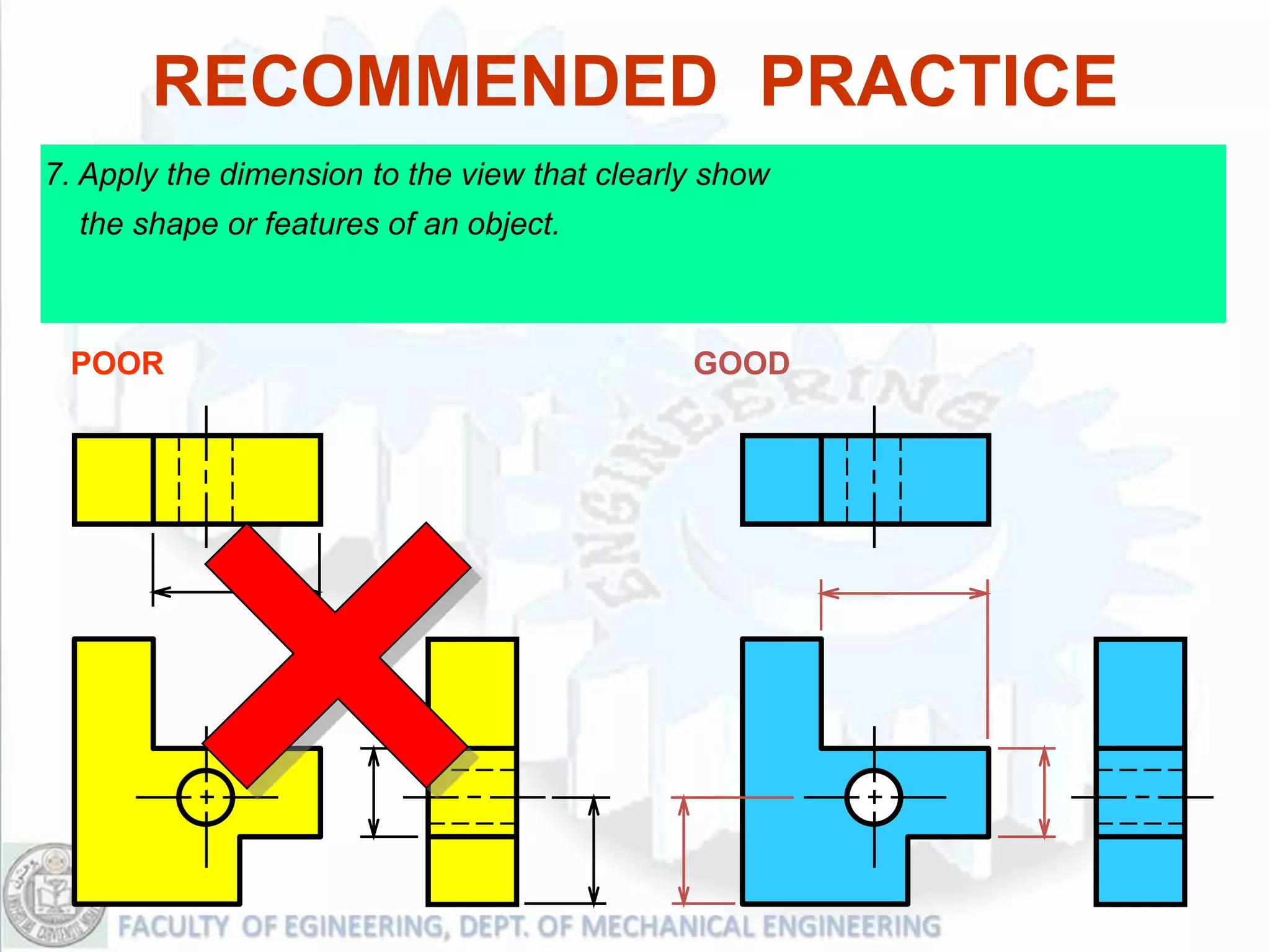 RECOMMENDED PRACTICE
7. Apply the dimension to the view that clearly show
  the shape or features of an object.



 POOR                                         GOOD
 