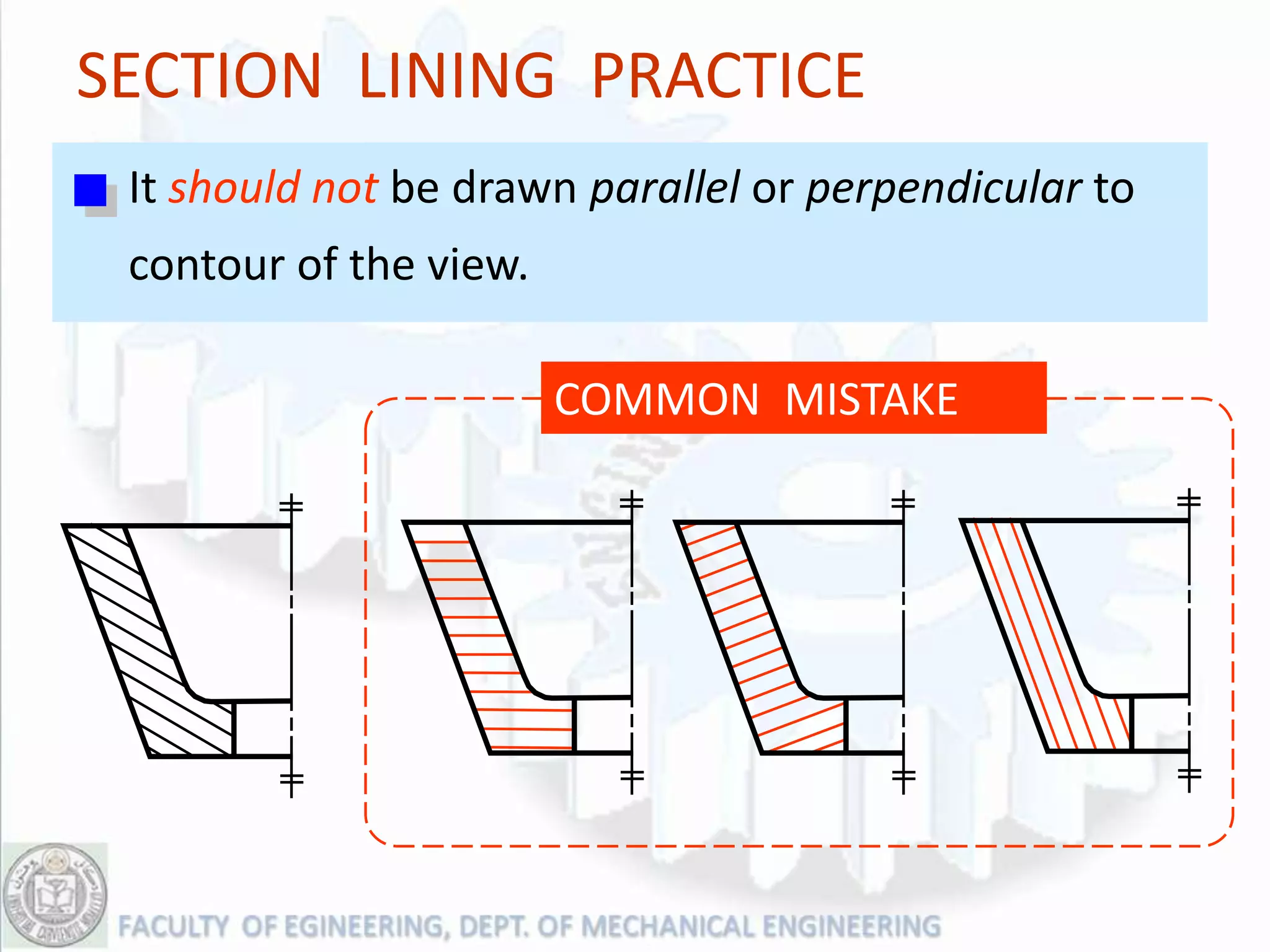 SECTION LINING PRACTICE
 It should not be drawn parallel or perpendicular to
 contour of the view.

                        COMMON MISTAKE
 