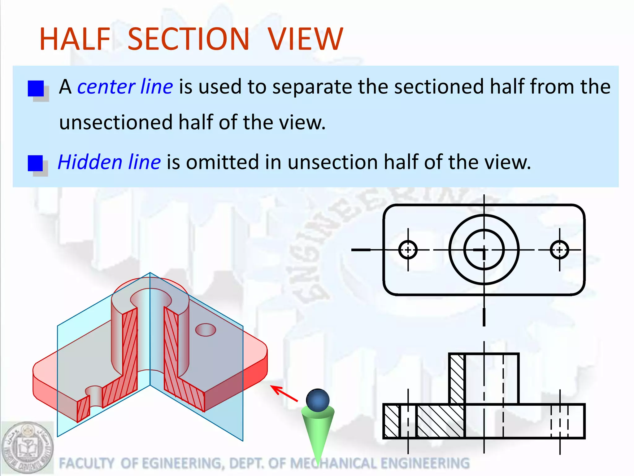 HALF SECTION VIEW
 A center line is used to separate the sectioned half from the
 unsectioned half of the view.
 Hidden line is omitted in unsection half of the view.
 