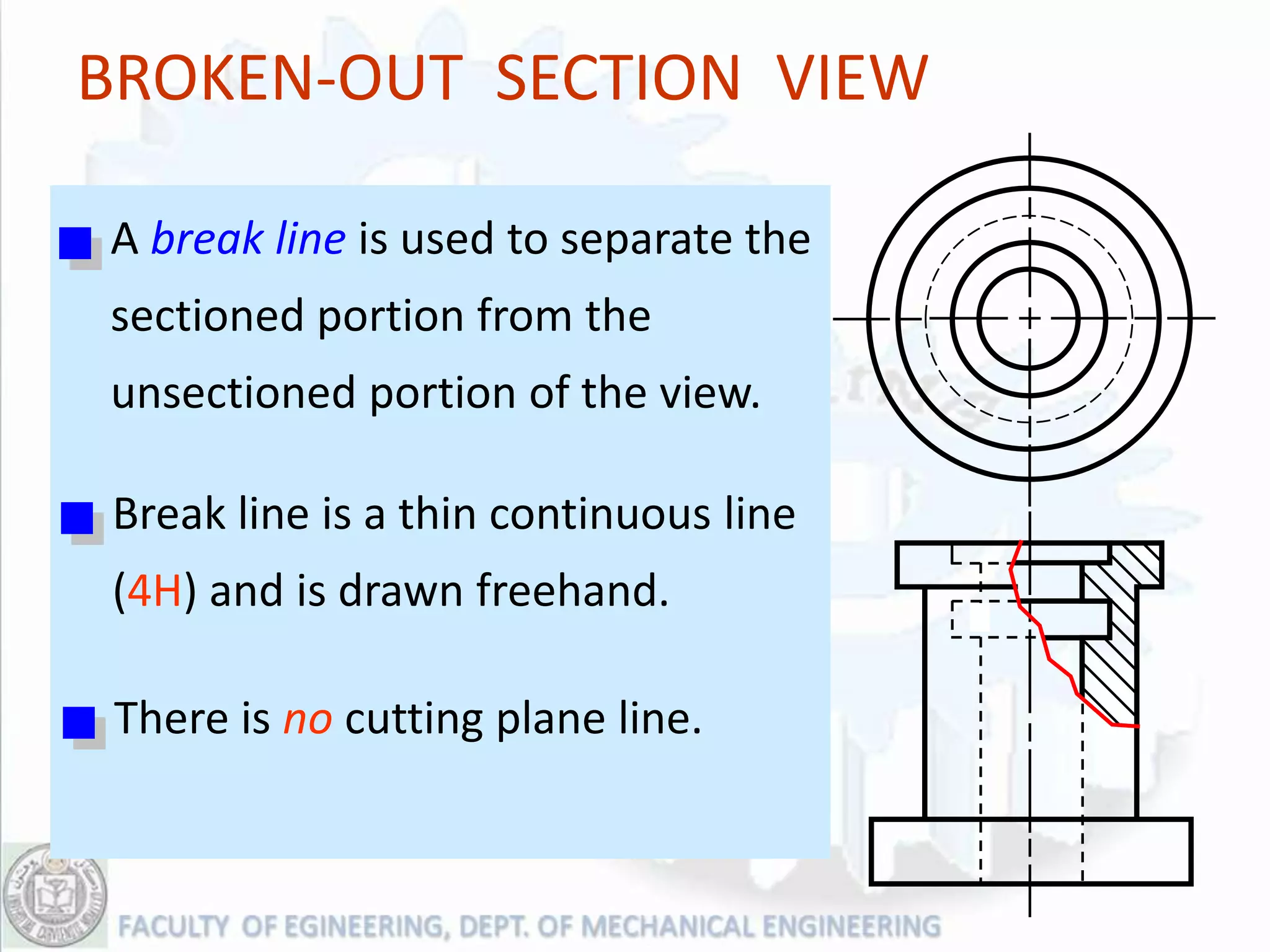 BROKEN-OUT SECTION VIEW

A break line is used to separate the
sectioned portion from the
unsectioned portion of the view.

Break line is a thin continuous line
(4H) and is drawn freehand.

 There is no cutting plane line.
 
