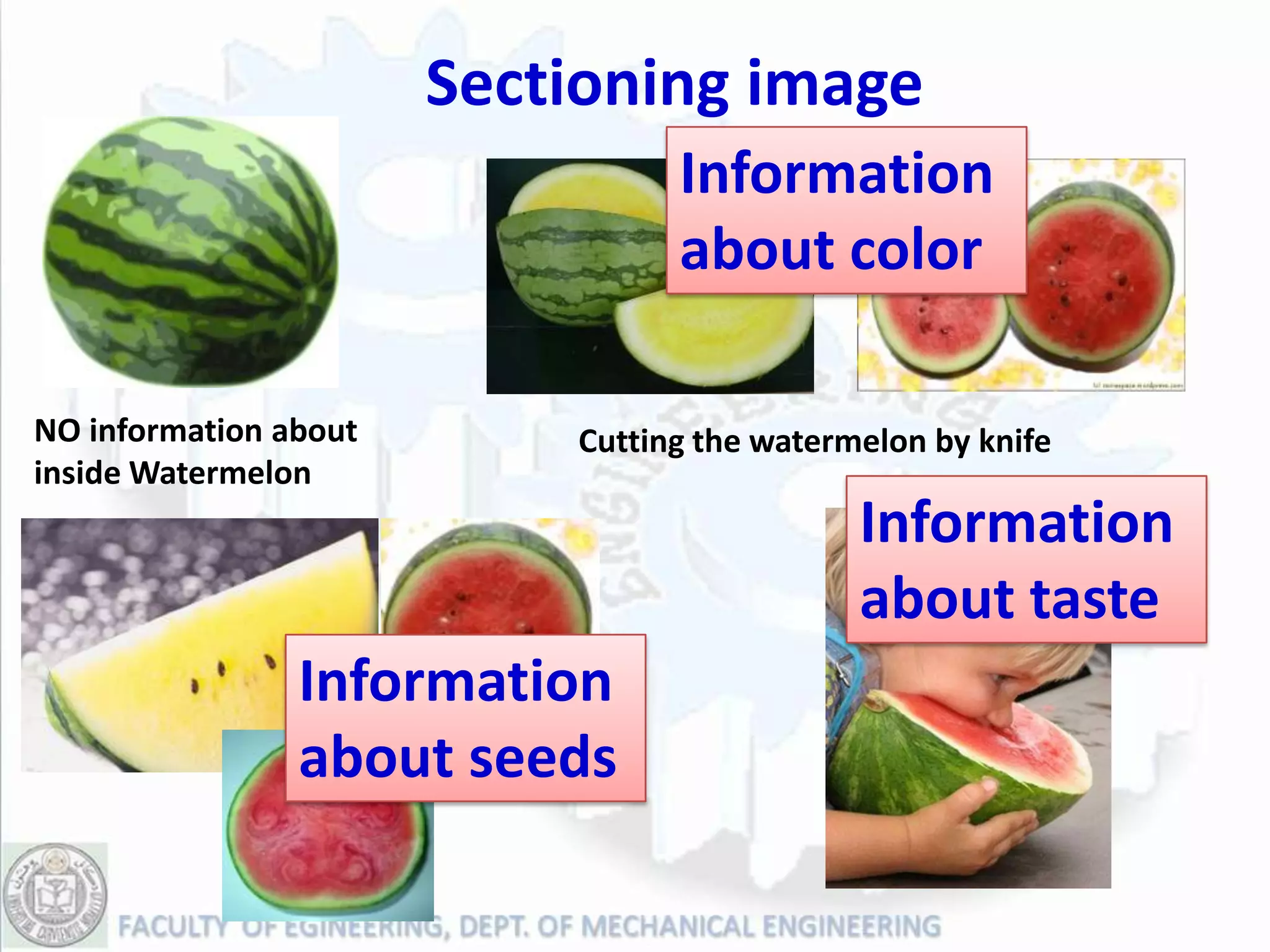 Sectioning image
                                 Information
                                 about color

NO information about       Cutting the watermelon by knife
inside Watermelon
                                             Information
                                             about taste
                Information
                about seeds
 